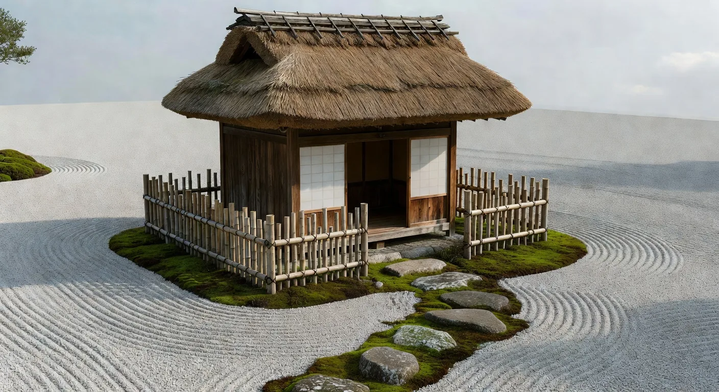 Traditional chashitsu tea house exterior surrounded by garden