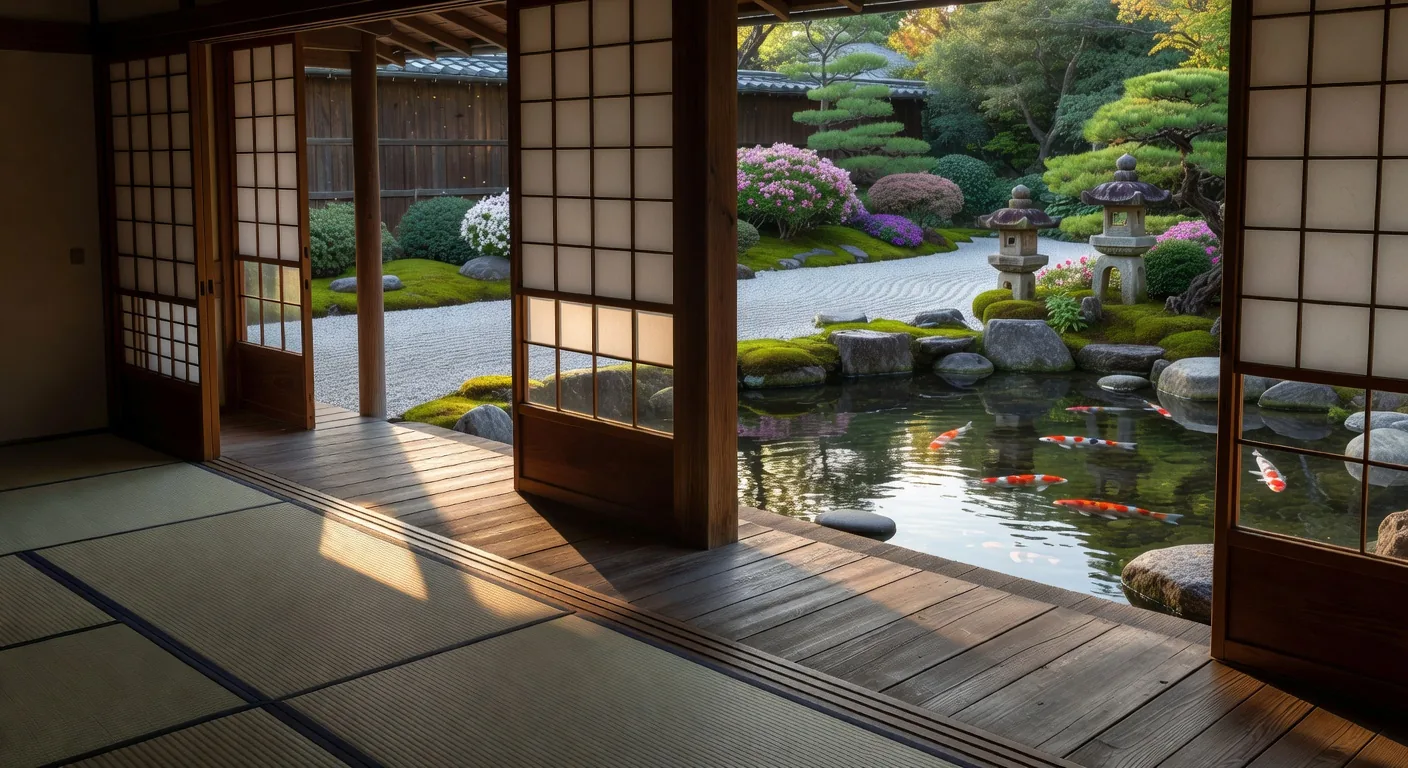 Engawa veranda overlooking traditional Japanese garden