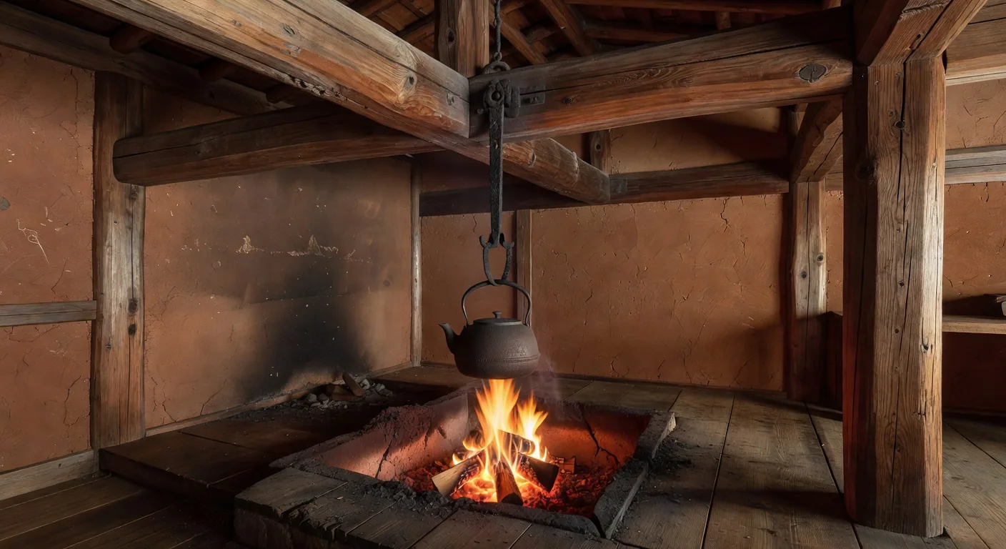 Traditional irori hearth in a farmhouse kitchen
