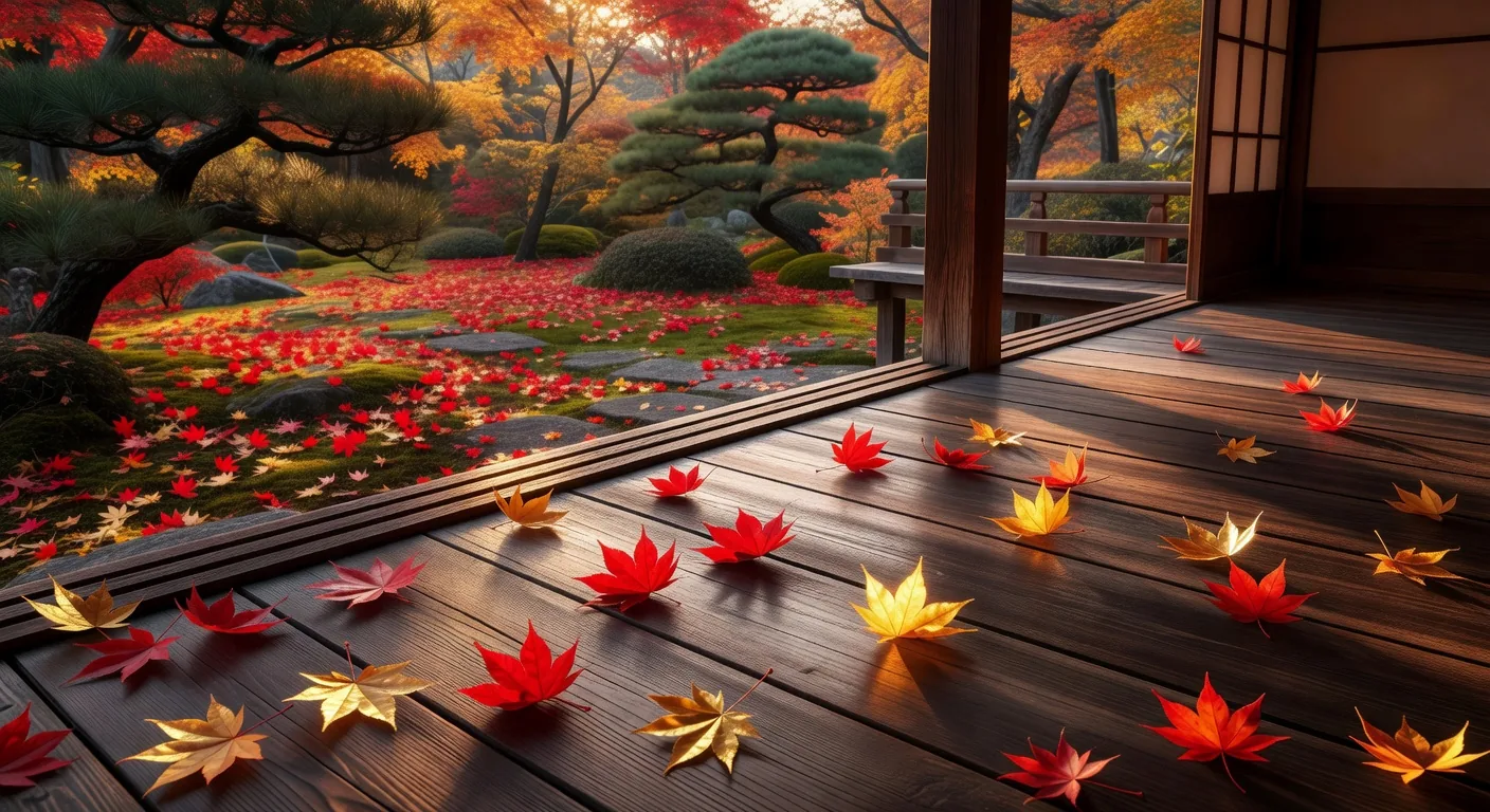 Autumn maple leaves on an engawa veranda