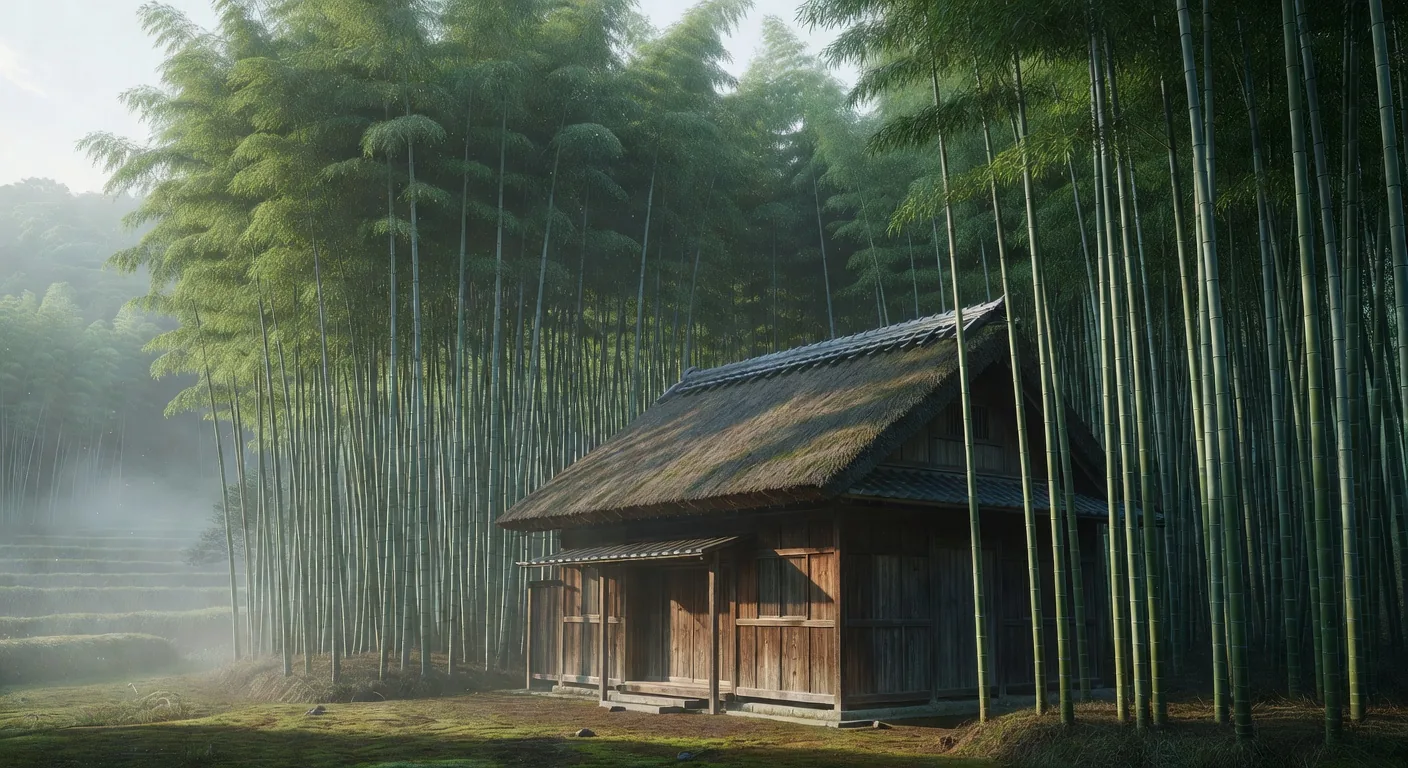 Bamboo grove near traditional Japanese home