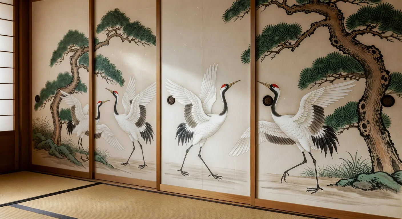 Traditional fusuma sliding doors with painted decoration being restored