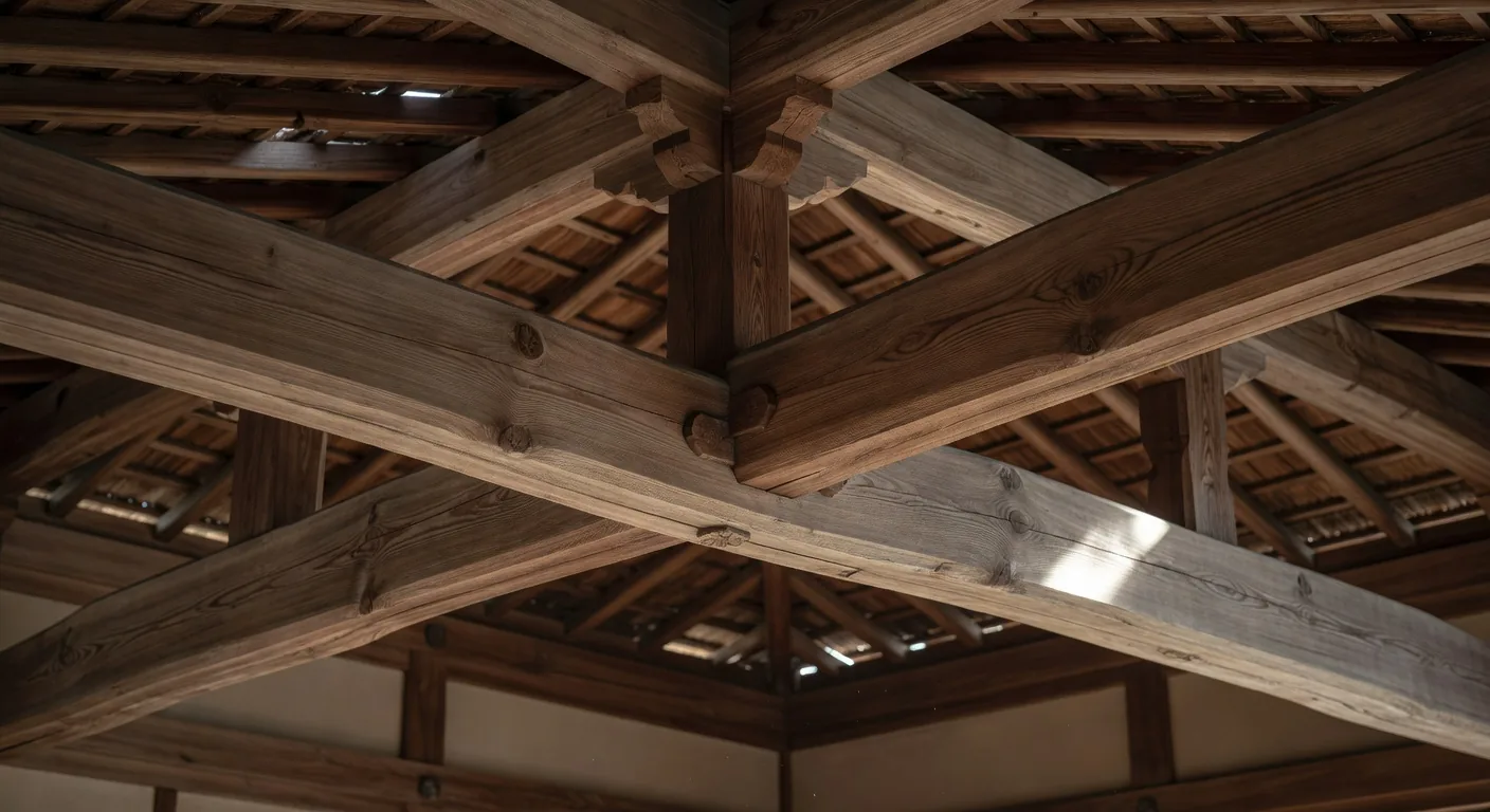 Traditional Japanese wooden beam ceiling structure showing complex joinery