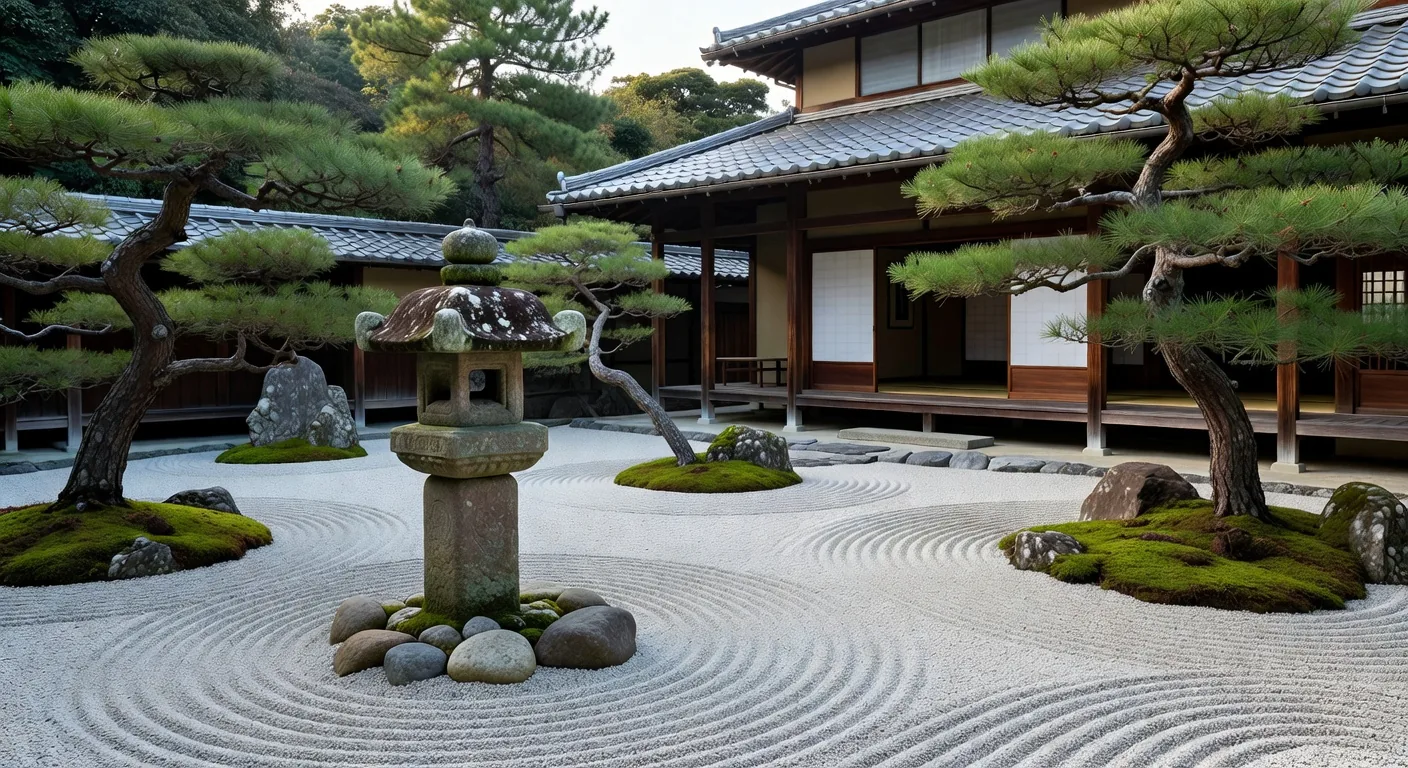 Stone lantern in a zen garden beside a traditional home