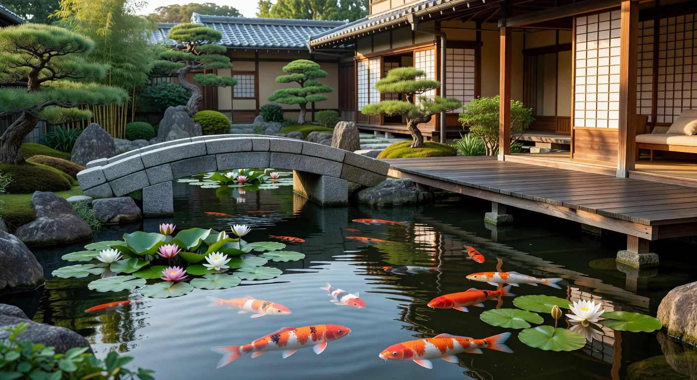 Koi pond in traditional Japanese garden with stone bridge