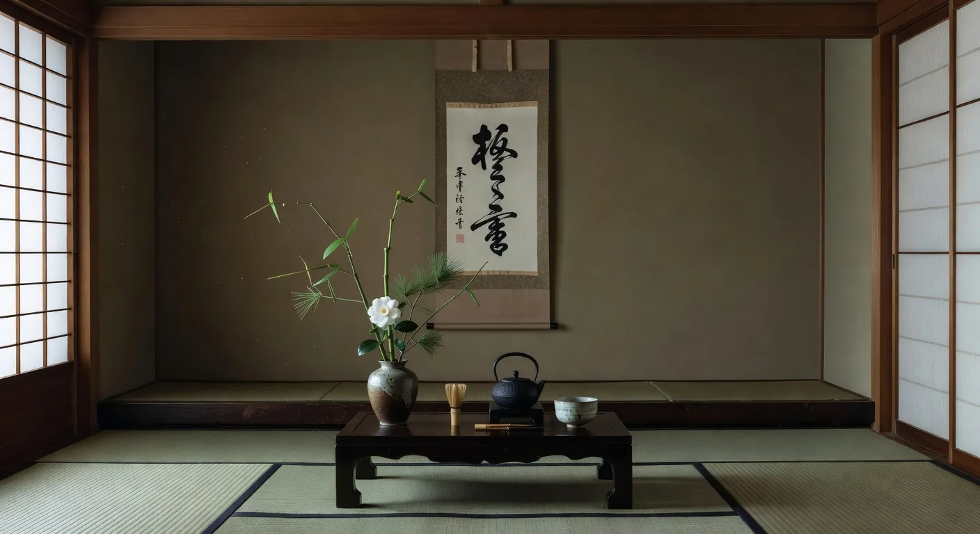 Tatami room with ikebana flower arrangement in tokonoma