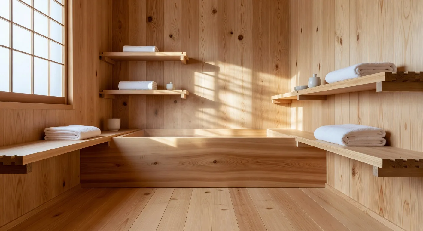 Hinoki cypress wood bath interior