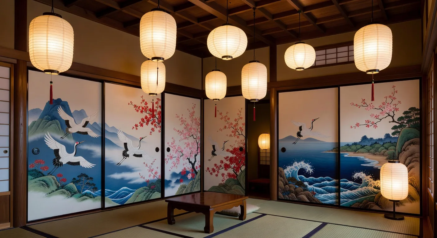 Paper lanterns and fusuma sliding door panels with painted decoration