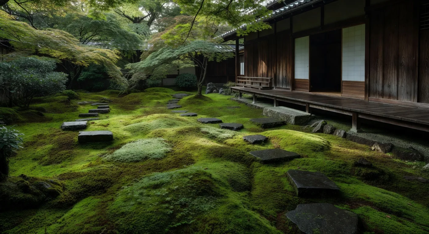 Lush moss garden approach path to tea house