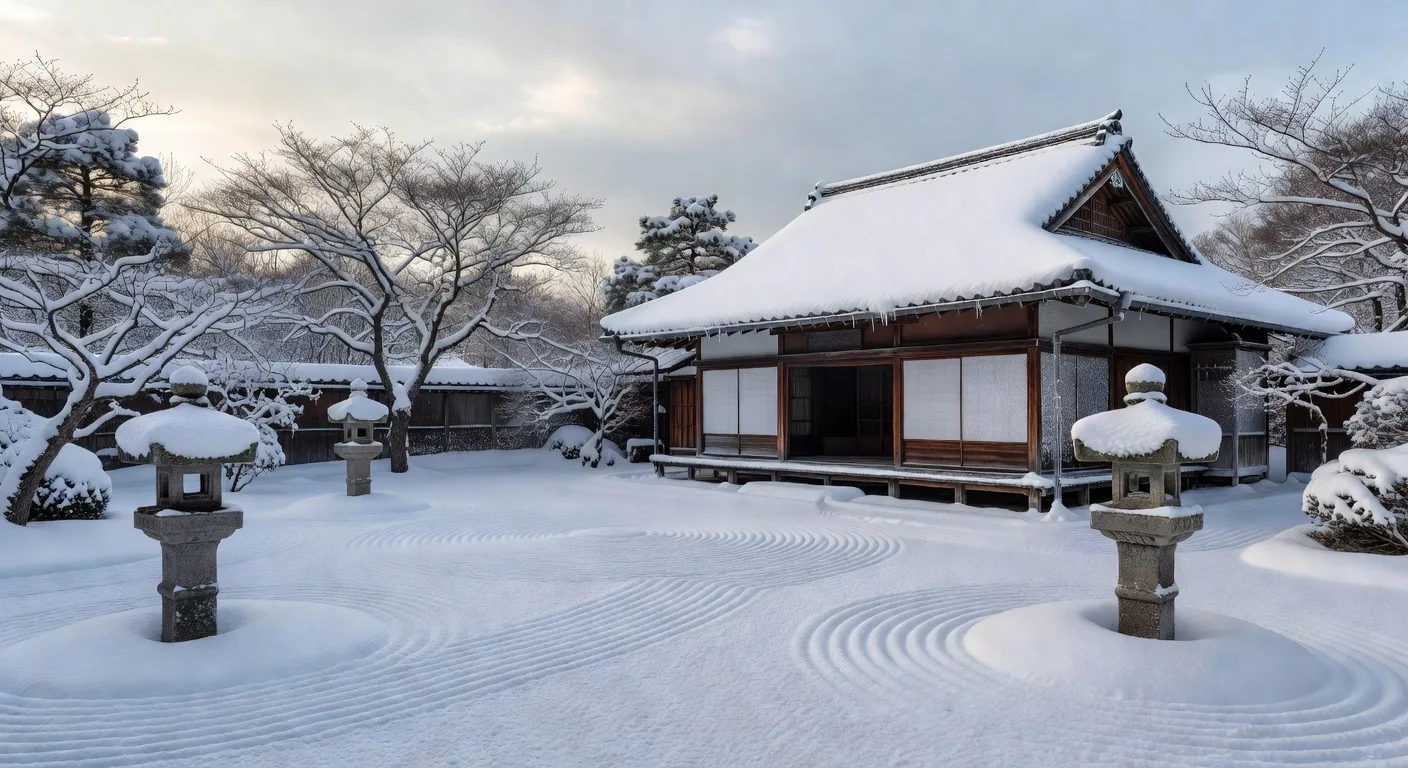 Winter snow-covered traditional Japanese garden